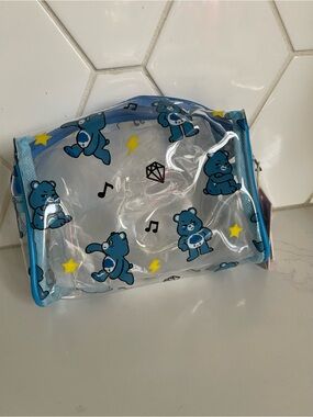 Care Bears Blue Clear Vinyl Cosmetic Pouch with Yellow Stars